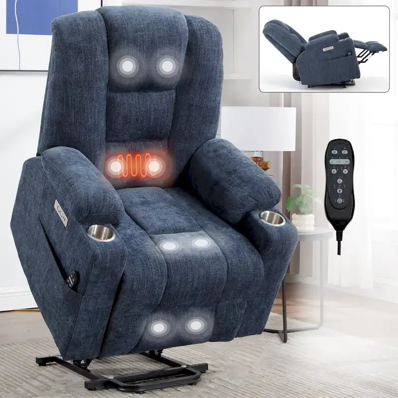 Fauteuil inclinable électrique avec massage et chauffage, fauteuil Lazy Boy extra-rembourré et large avec ports USB et Type C et 2 porte-gobelets en acier