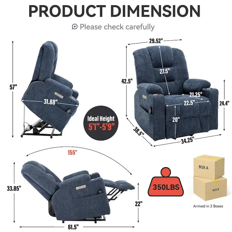 Fauteuil inclinable électrique avec massage et chauffage, fauteuil Lazy Boy extra-rembourré et large avec ports USB et Type C et 2 porte-gobelets en acier