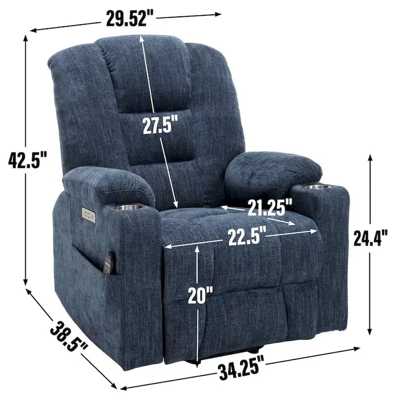 Fauteuil inclinable électrique avec massage et chauffage, fauteuil Lazy Boy extra-rembourré et large avec ports USB et Type C et 2 porte-gobelets en acier