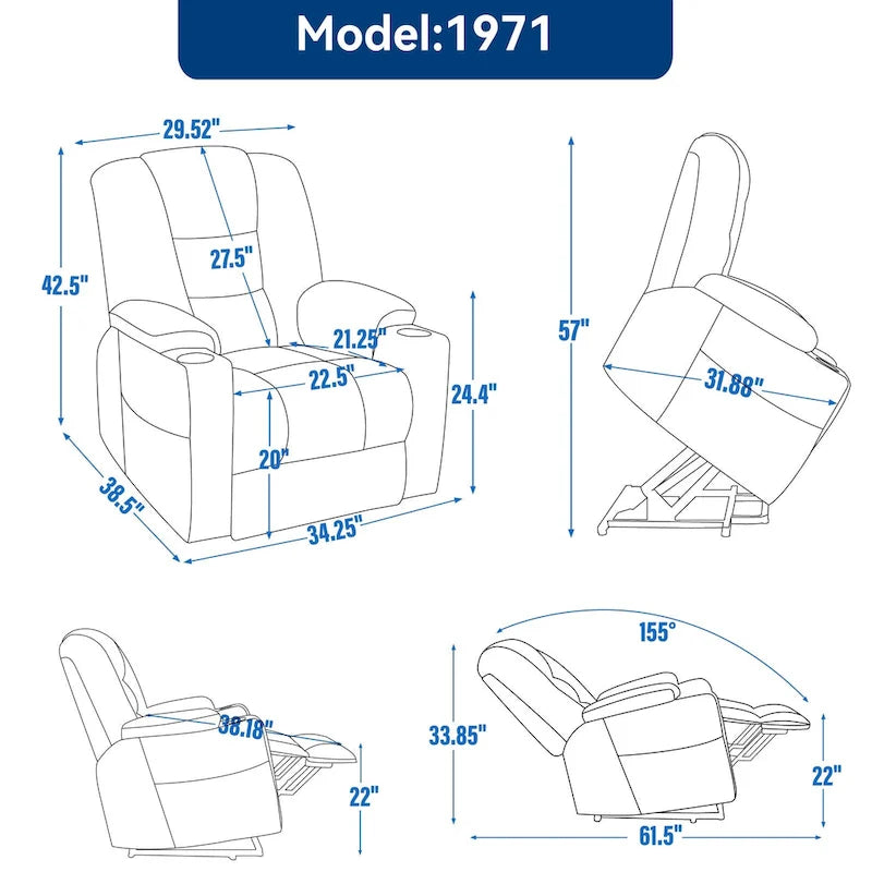 Fauteuil inclinable électrique avec massage et chauffage, fauteuil Lazy Boy extra-rembourré et large avec ports USB et Type C et 2 porte-gobelets en acier