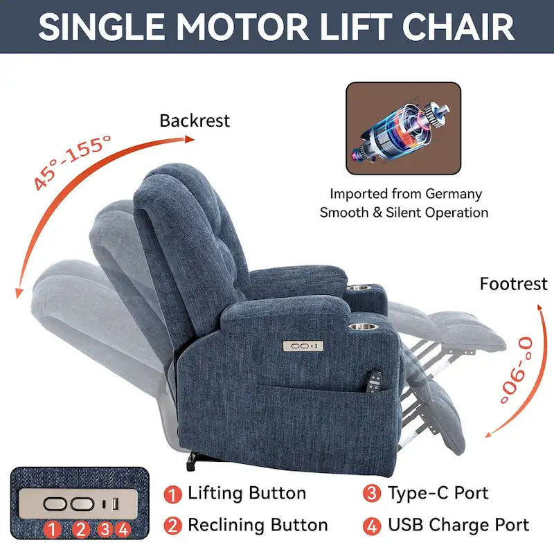 Fauteuil inclinable électrique avec massage et chauffage, fauteuil Lazy Boy extra-rembourré et large avec ports USB et Type C et 2 porte-gobelets en acier