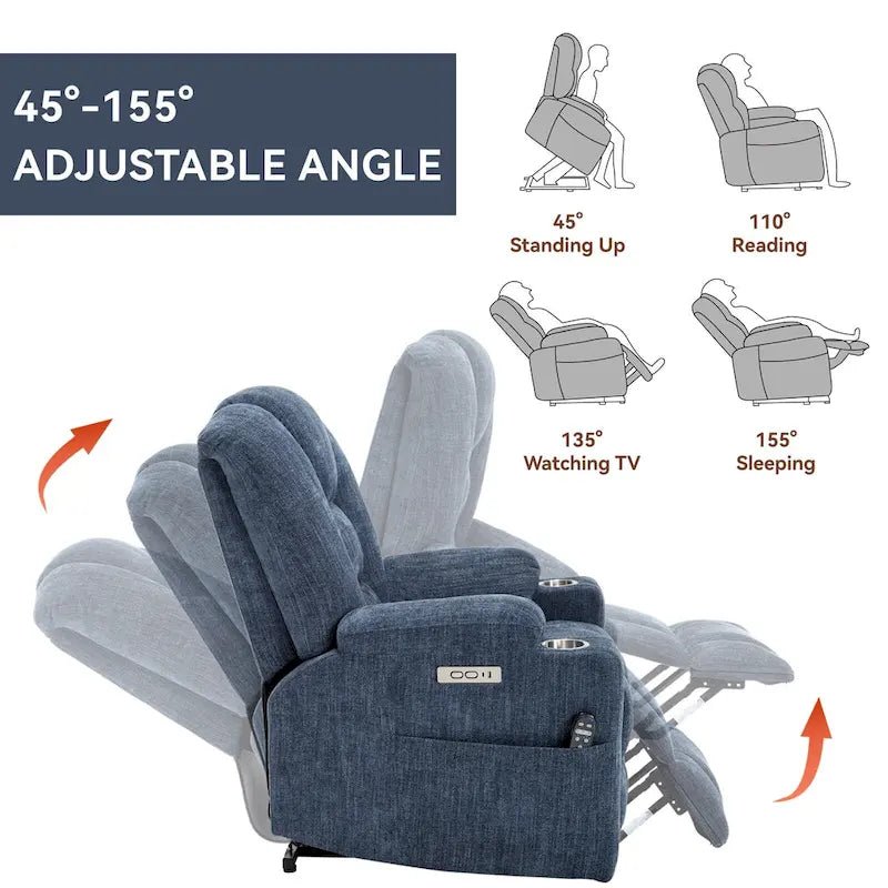 Fauteuil inclinable électrique avec massage et chauffage, fauteuil Lazy Boy extra-rembourré et large avec ports USB et Type C et 2 porte-gobelets en acier