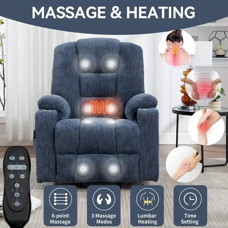 Fauteuil inclinable électrique avec massage et chauffage, fauteuil Lazy Boy extra-rembourré et large avec ports USB et Type C et 2 porte-gobelets en acier