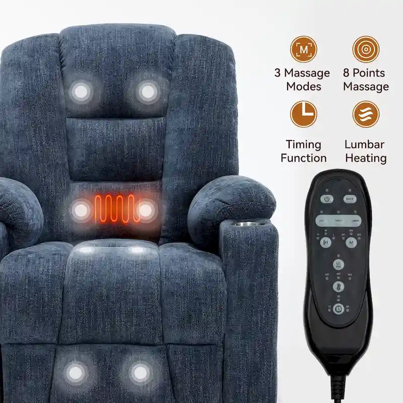 Fauteuil inclinable électrique avec massage et chauffage, fauteuil Lazy Boy extra-rembourré et large avec ports USB et Type C et 2 porte-gobelets en acier