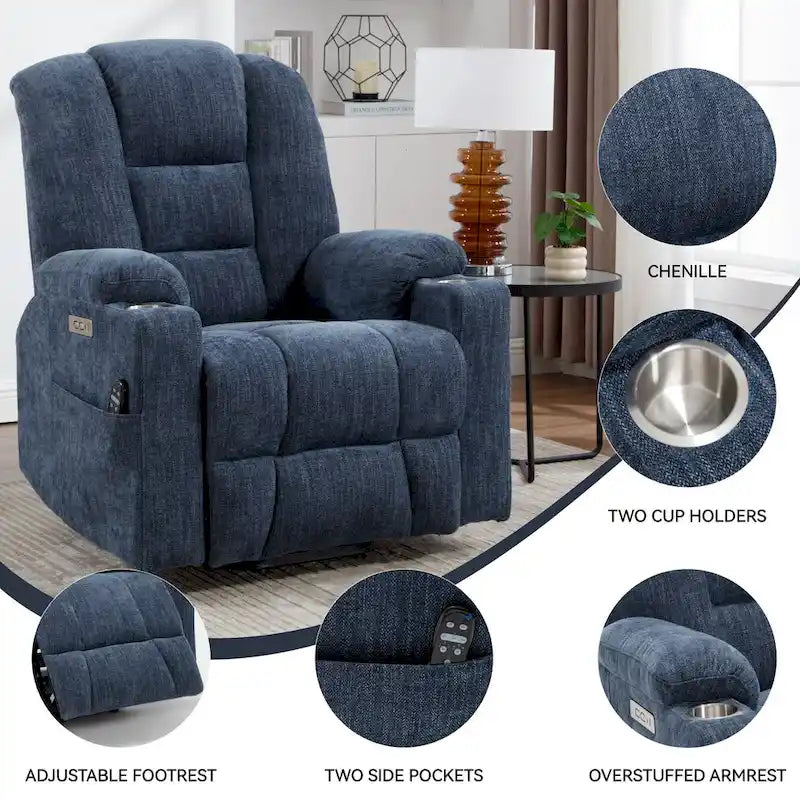 Fauteuil inclinable électrique avec massage et chauffage, fauteuil Lazy Boy extra-rembourré et large avec ports USB et Type C et 2 porte-gobelets en acier