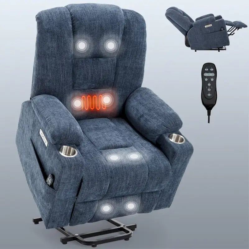 Fauteuil inclinable électrique avec massage et chauffage, fauteuil Lazy Boy extra-rembourré et large avec ports USB et Type C et 2 porte-gobelets en acier