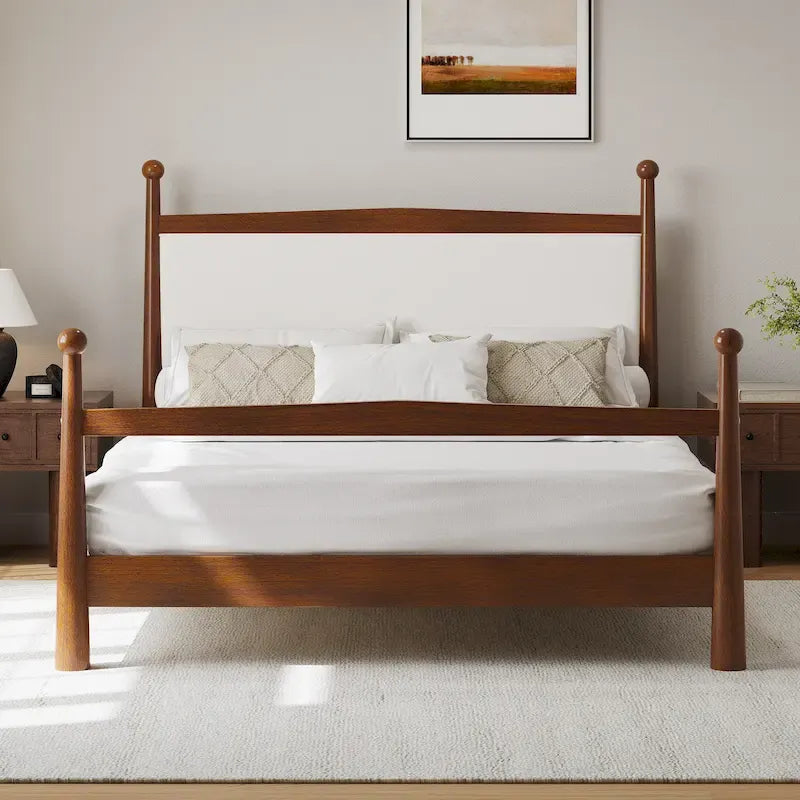 Lit plateforme avec tête de lit capitonnée en bouclette, sans sommier, sommier à lattes en bois, profil bas - Design minimaliste