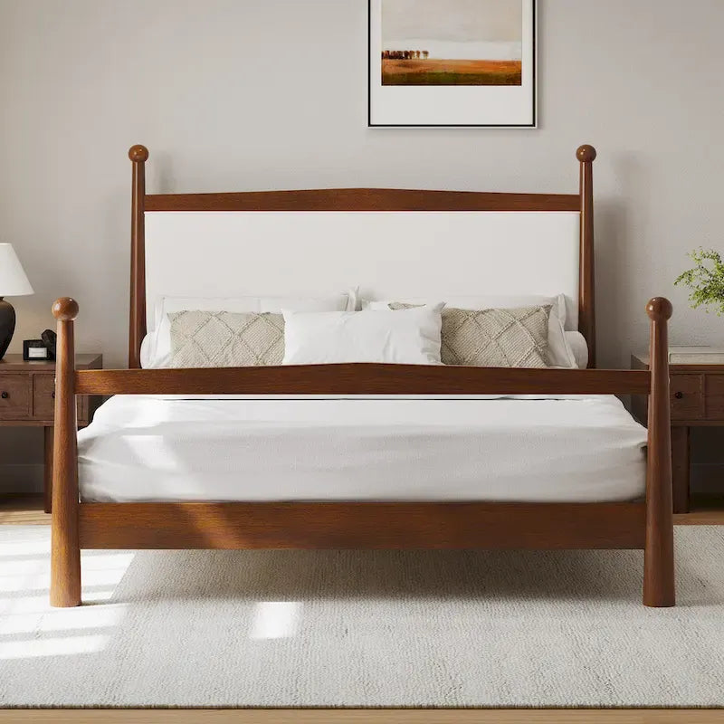 Lit plateforme avec tête de lit capitonnée en bouclette, sans sommier, sommier à lattes en bois, profil bas - Design minimaliste