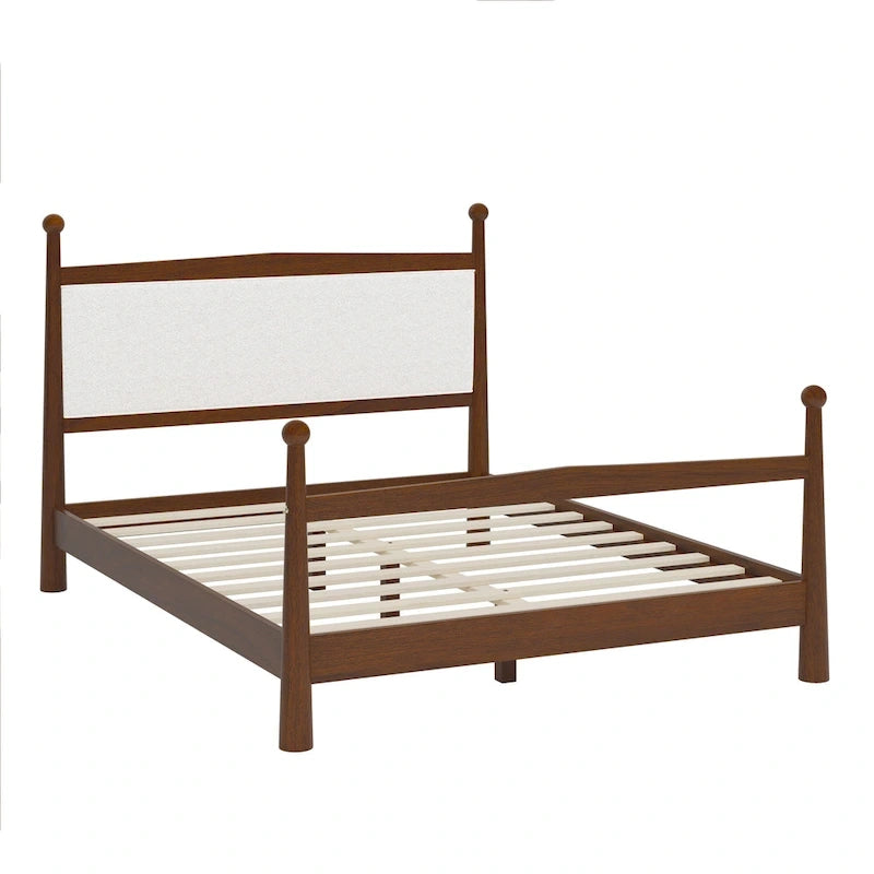 Lit plateforme avec tête de lit capitonnée en bouclette, sans sommier, sommier à lattes en bois, profil bas - Design minimaliste