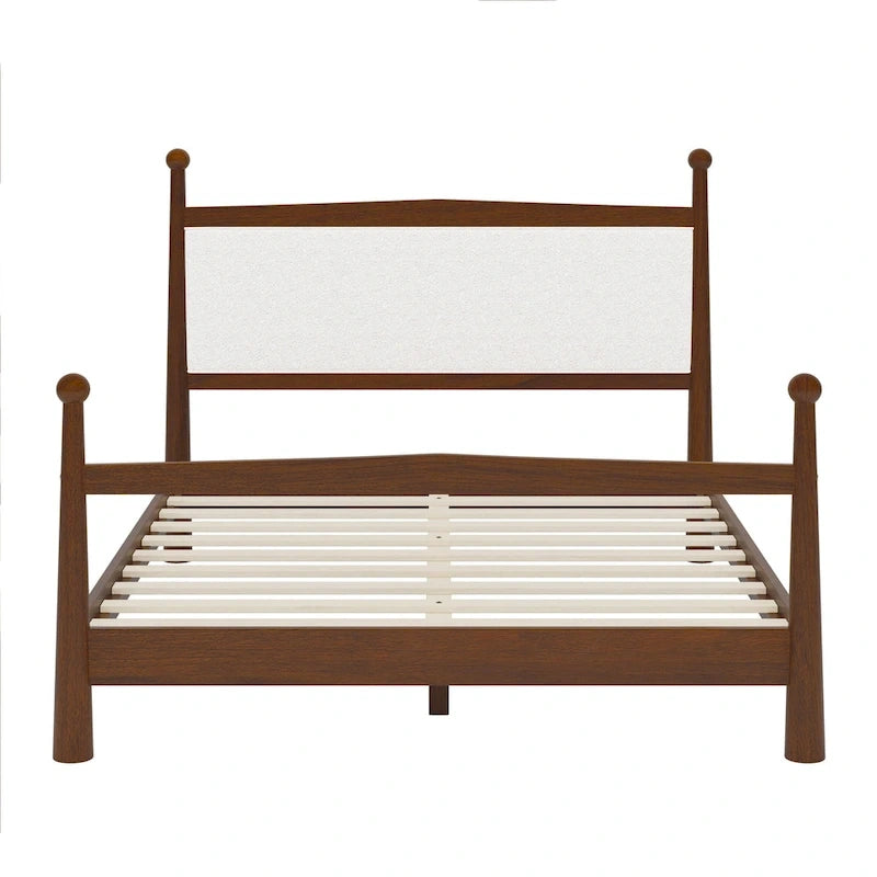 Lit plateforme avec tête de lit capitonnée en bouclette, sans sommier, sommier à lattes en bois, profil bas - Design minimaliste