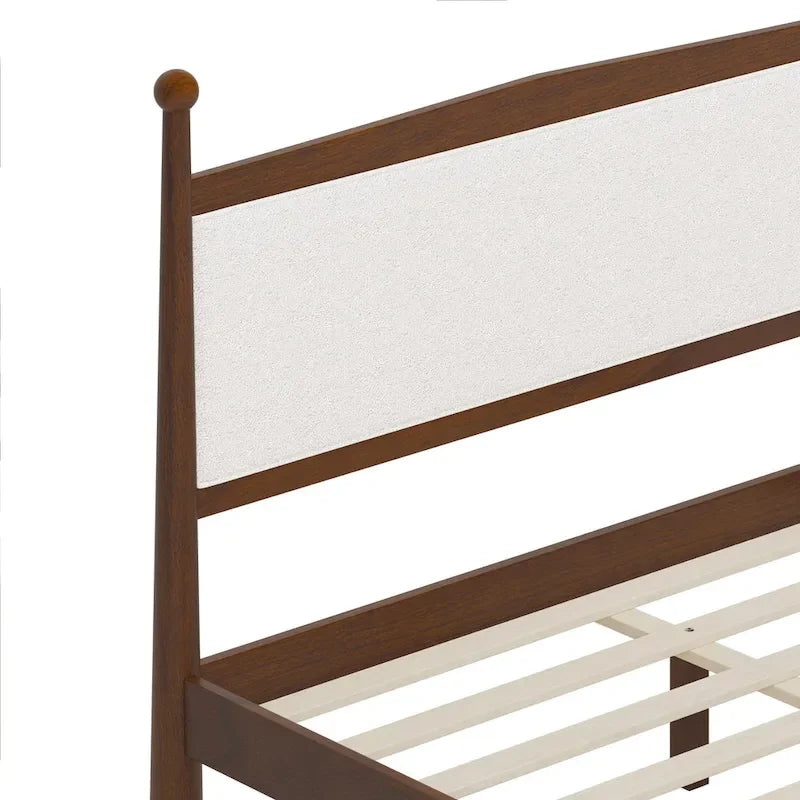 Lit plateforme avec tête de lit capitonnée en bouclette, sans sommier, sommier à lattes en bois, profil bas - Design minimaliste