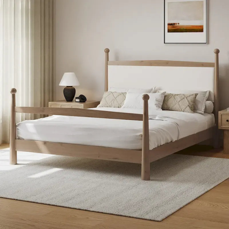 Lit plateforme avec tête de lit capitonnée en bouclette, sans sommier, sommier à lattes en bois, profil bas - Design minimaliste