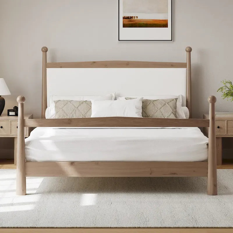 Lit plateforme avec tête de lit capitonnée en bouclette, sans sommier, sommier à lattes en bois, profil bas - Design minimaliste