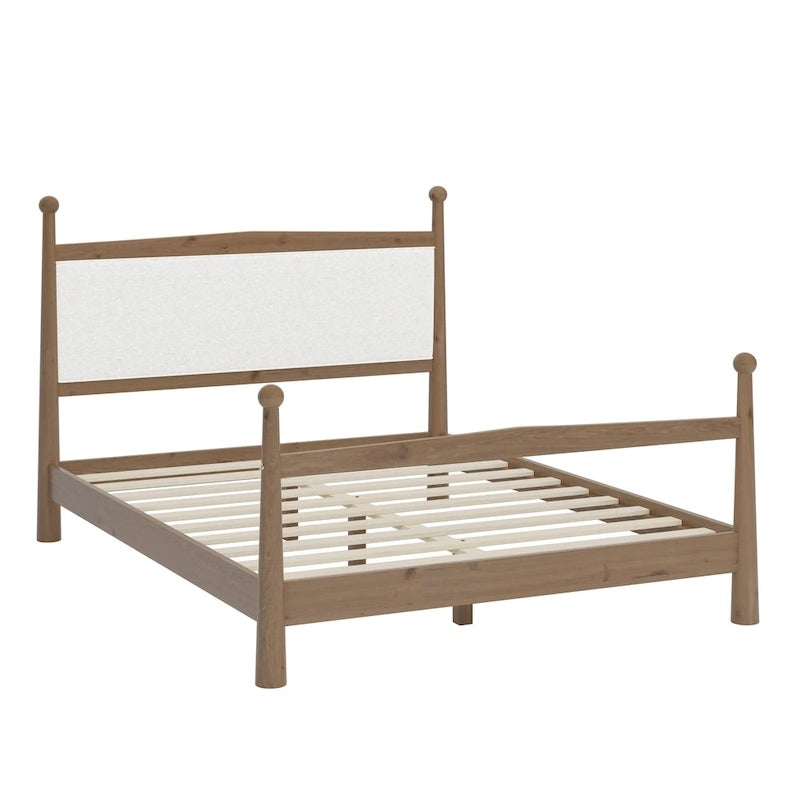 Lit plateforme avec tête de lit capitonnée en bouclette, sans sommier, sommier à lattes en bois, profil bas - Design minimaliste