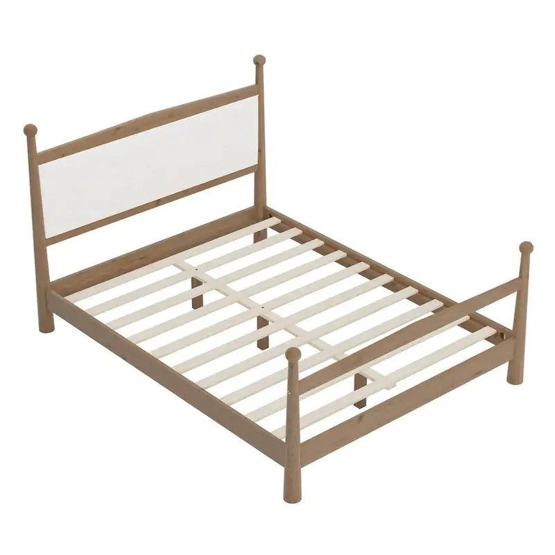 Lit plateforme avec tête de lit capitonnée en bouclette, sans sommier, sommier à lattes en bois, profil bas - Design minimaliste
