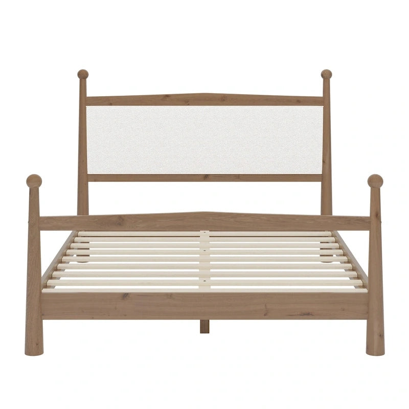 Lit plateforme avec tête de lit capitonnée en bouclette, sans sommier, sommier à lattes en bois, profil bas - Design minimaliste