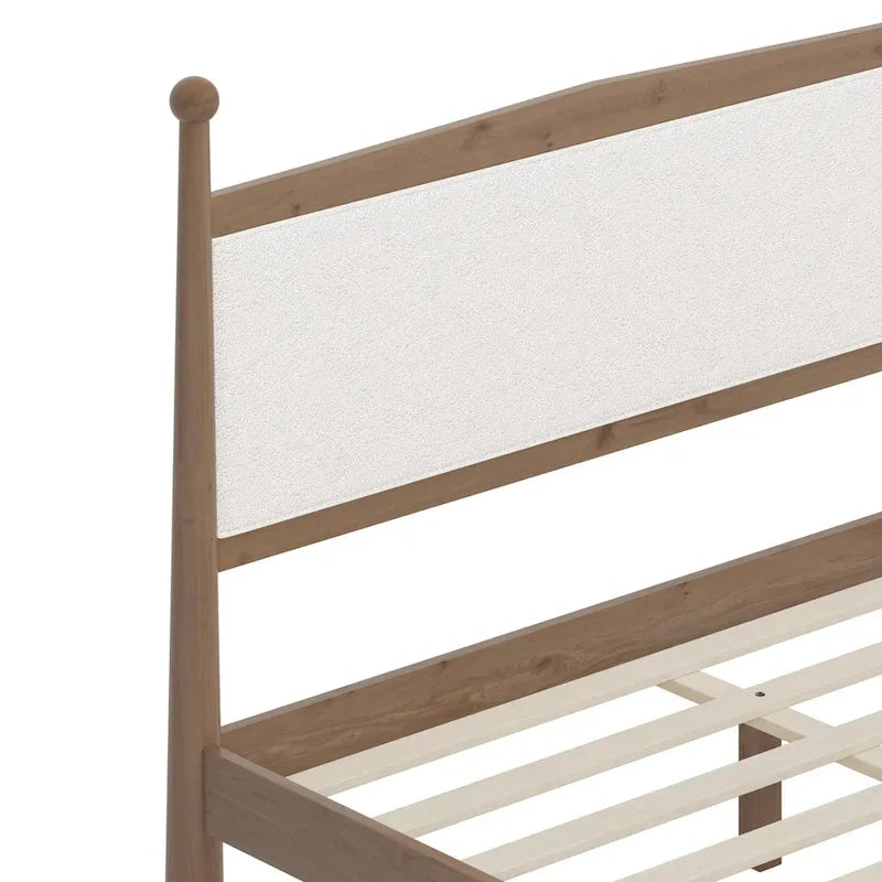 Lit plateforme avec tête de lit capitonnée en bouclette, sans sommier, sommier à lattes en bois, profil bas - Design minimaliste