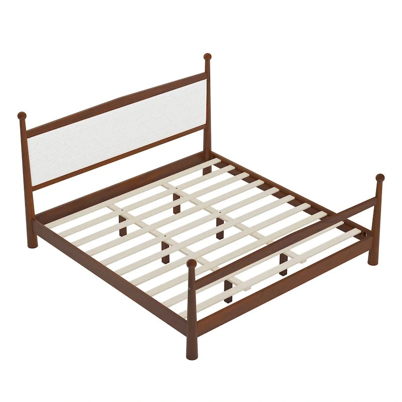 Lit plateforme avec tête de lit capitonnée en bouclette, sans sommier, sommier à lattes en bois, profil bas - Design minimaliste