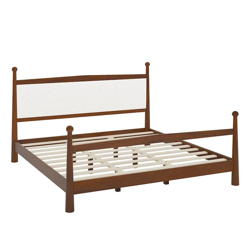 Lit plateforme avec tête de lit capitonnée en bouclette, sans sommier, sommier à lattes en bois, profil bas - Design minimaliste