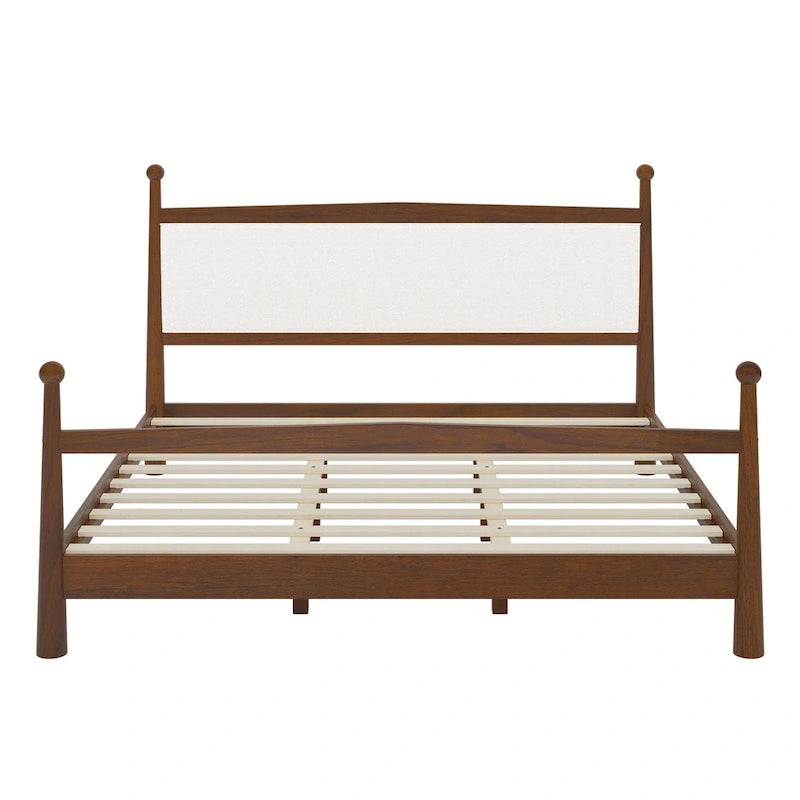 Lit plateforme avec tête de lit capitonnée en bouclette, sans sommier, sommier à lattes en bois, profil bas - Design minimaliste