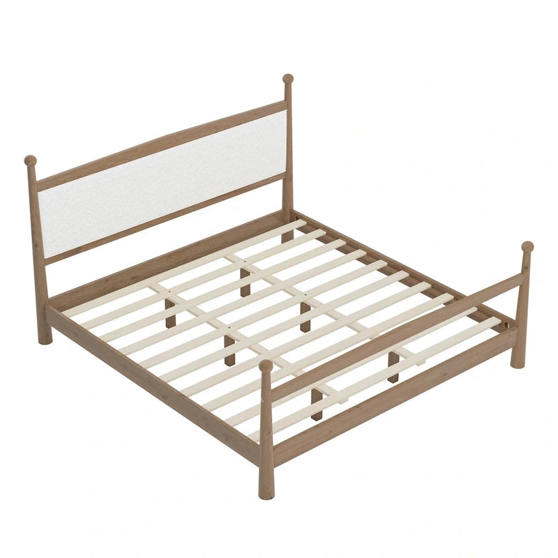 Lit plateforme avec tête de lit capitonnée en bouclette, sans sommier, sommier à lattes en bois, profil bas - Design minimaliste