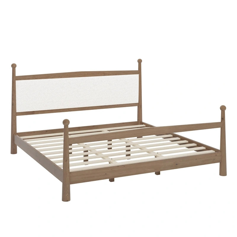 Lit plateforme avec tête de lit capitonnée en bouclette, sans sommier, sommier à lattes en bois, profil bas - Design minimaliste