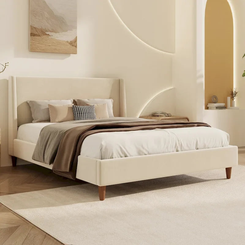 Cream Velvet Upholstered Frame Bed with Wingback Headboard and Walnut Wooden Legs, No Box Spring Needed Low Profile Platform Bed