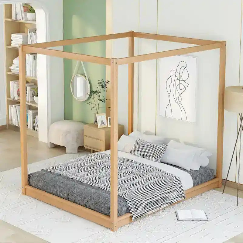 Lit plateforme moderne à baldaquin bas, cadre de lit en bois avec pieds de soutien, pour enfants, adolescents et adultes, sommier non nécessaire