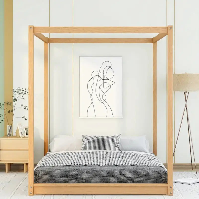 Lit plateforme moderne à baldaquin bas, cadre de lit en bois avec pieds de soutien, pour enfants, adolescents et adultes, sommier non nécessaire