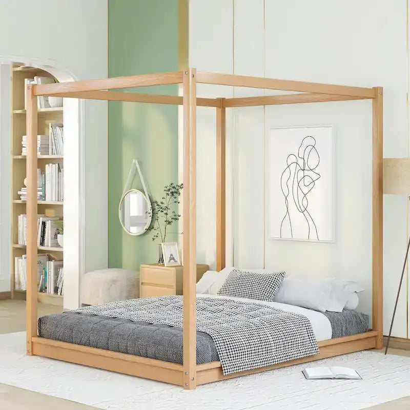 Lit plateforme moderne à baldaquin bas, cadre de lit en bois avec pieds de soutien, pour enfants, adolescents et adultes, sommier non nécessaire