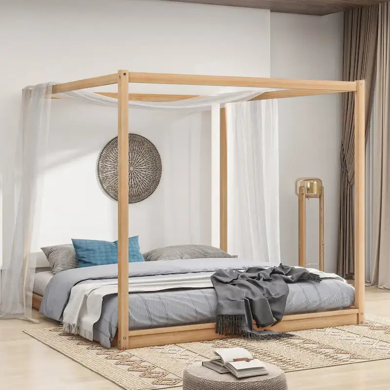 Lit plateforme moderne à baldaquin bas, cadre de lit en bois avec pieds de soutien, pour enfants, adolescents et adultes, sommier non nécessaire