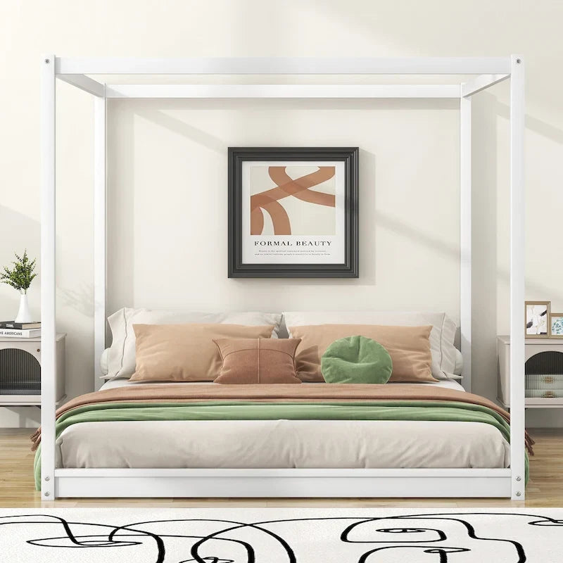 Lit plateforme moderne à baldaquin bas, cadre de lit en bois avec pieds de soutien, pour enfants, adolescents et adultes, sommier non nécessaire