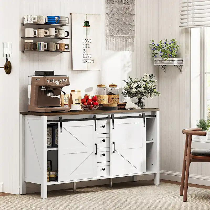 Buffet de style campagnard HOMCOM de 150 cm avec plateau épais, meuble bar à café avec 2 étagères réglables pour la cuisine