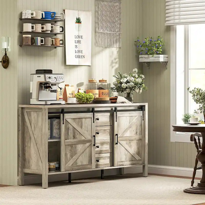 Buffet de style campagnard HOMCOM de 150 cm avec plateau épais, meuble bar à café avec 2 étagères réglables pour la cuisine