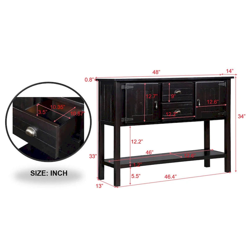 Buffet console en bois massif avec 2 tiroirs, placards et étagère inférieure, meuble de rangement pour salle à manger.