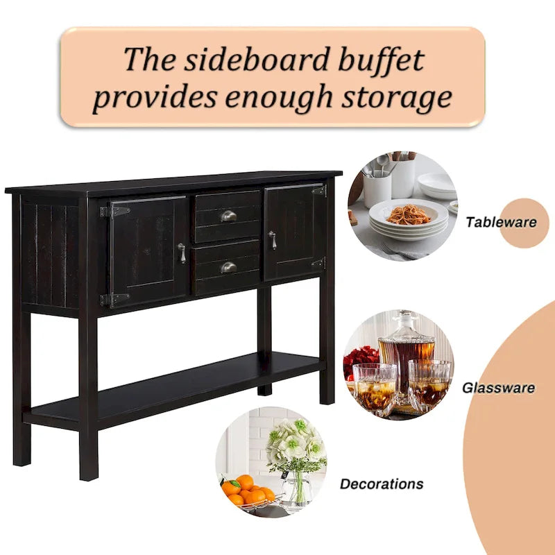 Buffet console en bois massif avec 2 tiroirs, placards et étagère inférieure, meuble de rangement pour salle à manger.