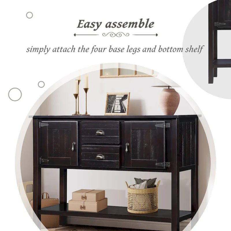 Buffet console en bois massif avec 2 tiroirs, placards et étagère inférieure, meuble de rangement pour salle à manger.