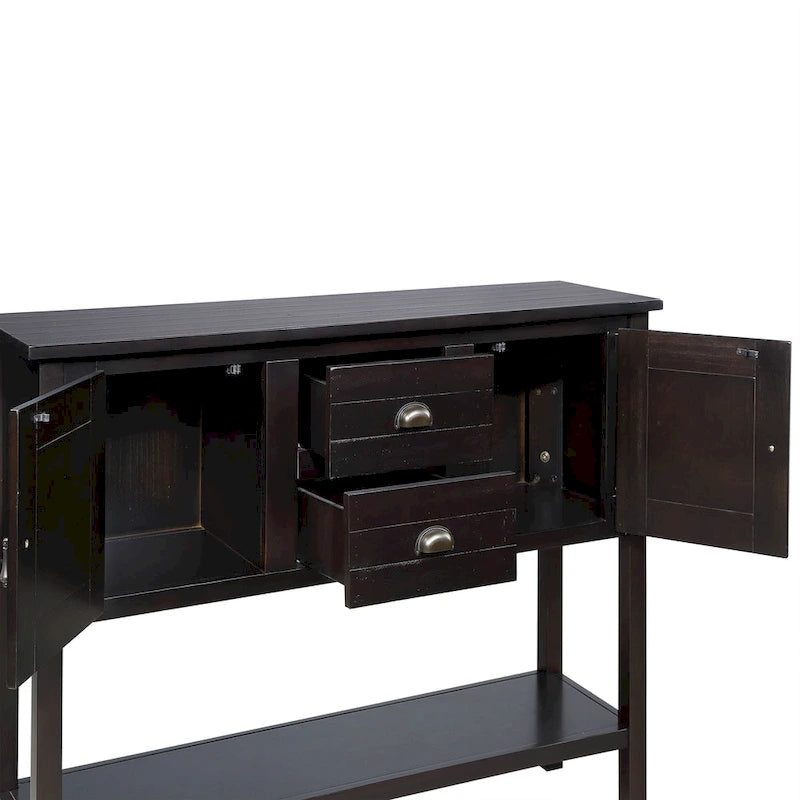 Buffet console en bois massif avec 2 tiroirs, placards et étagère inférieure, meuble de rangement pour salle à manger.