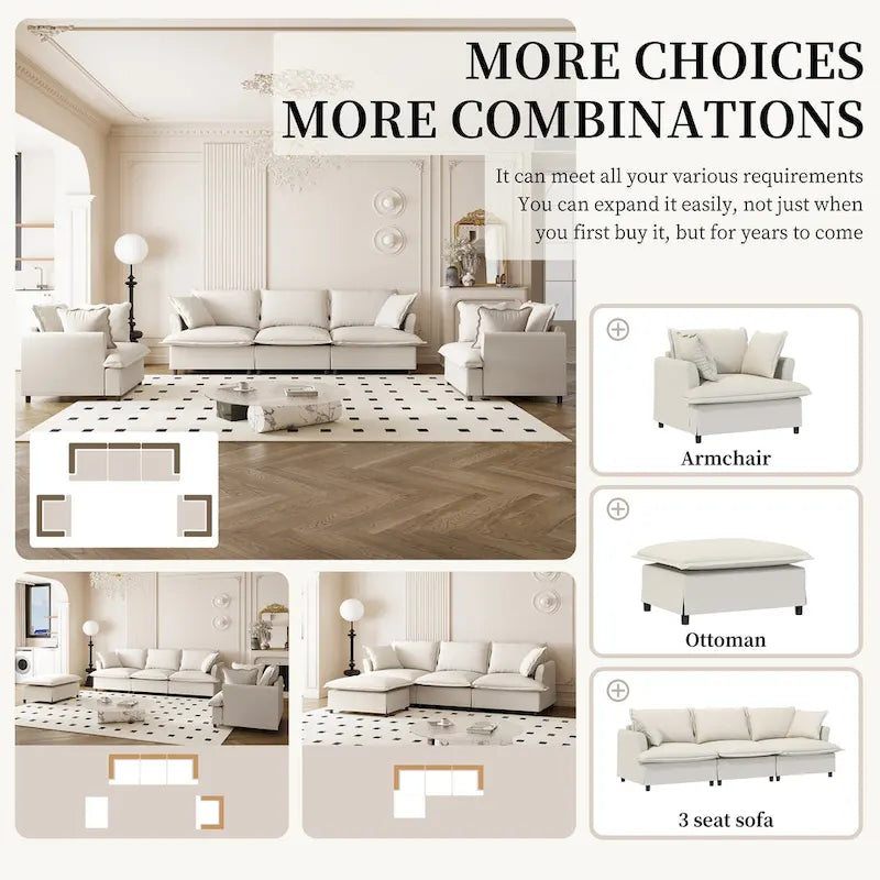 Canapé d'angle modulaire en chenille, canapé rembourré et 2 fauteuils