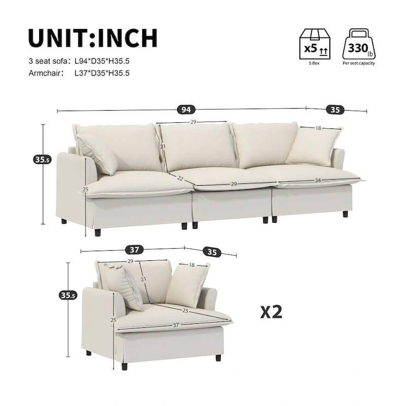 Canapé d'angle modulaire en chenille, canapé rembourré et 2 fauteuils