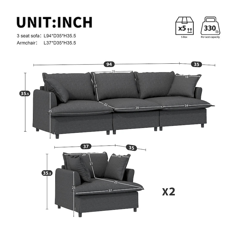 Canapé d'angle modulaire en chenille, canapé rembourré et 2 fauteuils