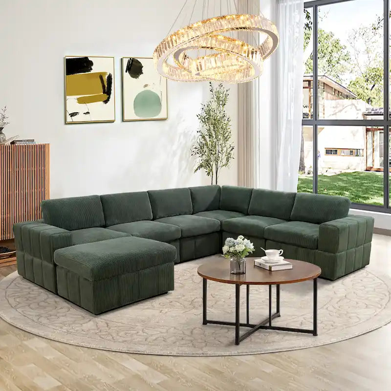 Canapé d'angle modulaire réversible surdimensionné 7 pièces (130 cm de large) avec pouf
