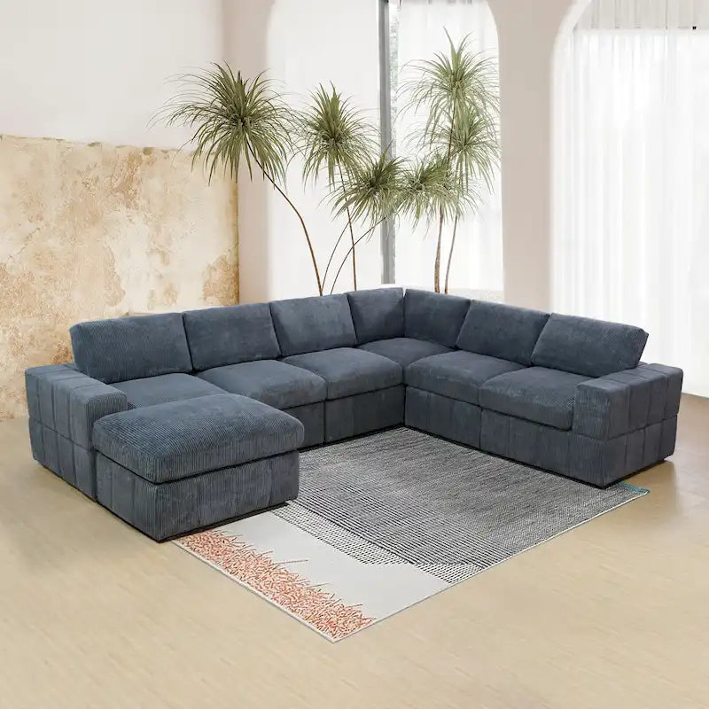 Canapé d'angle modulaire réversible surdimensionné 7 pièces (130 cm de large) avec pouf