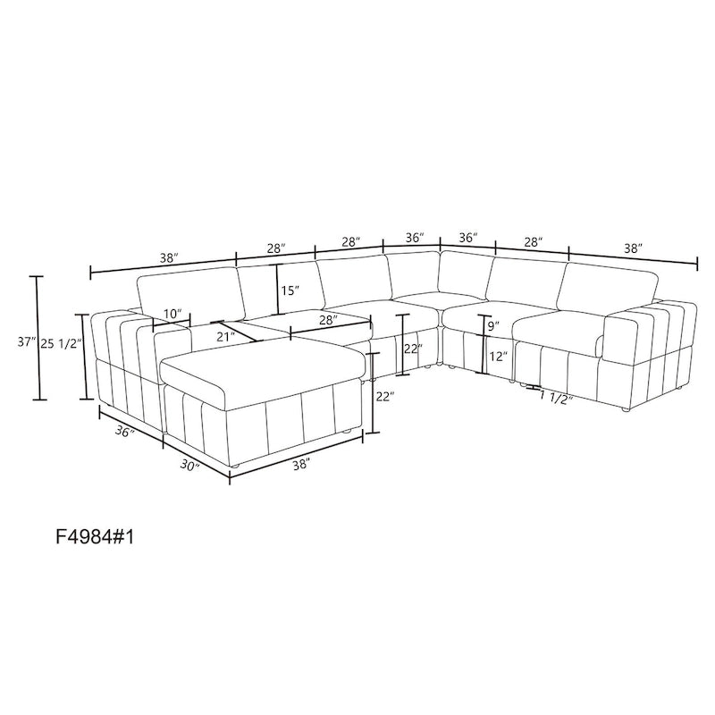Canapé d'angle modulaire réversible surdimensionné 7 pièces (130 cm de large) avec pouf