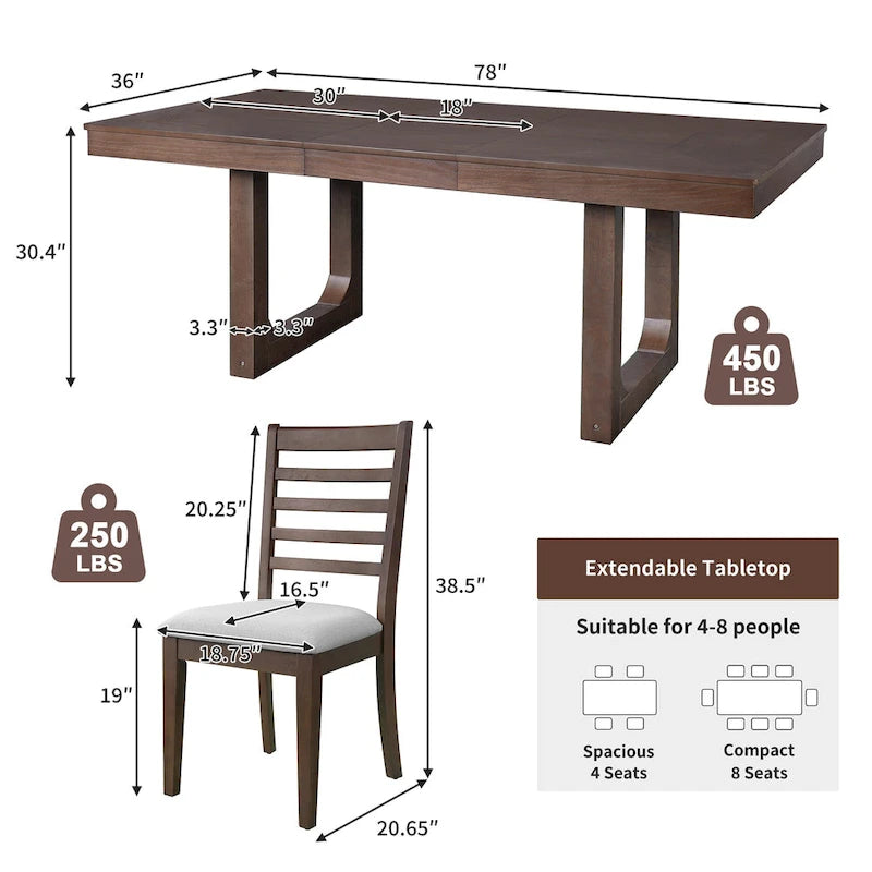 Ensemble de table à manger extensible 5 pièces, table extensible de style campagnard avec rallonge de 45 cm.
