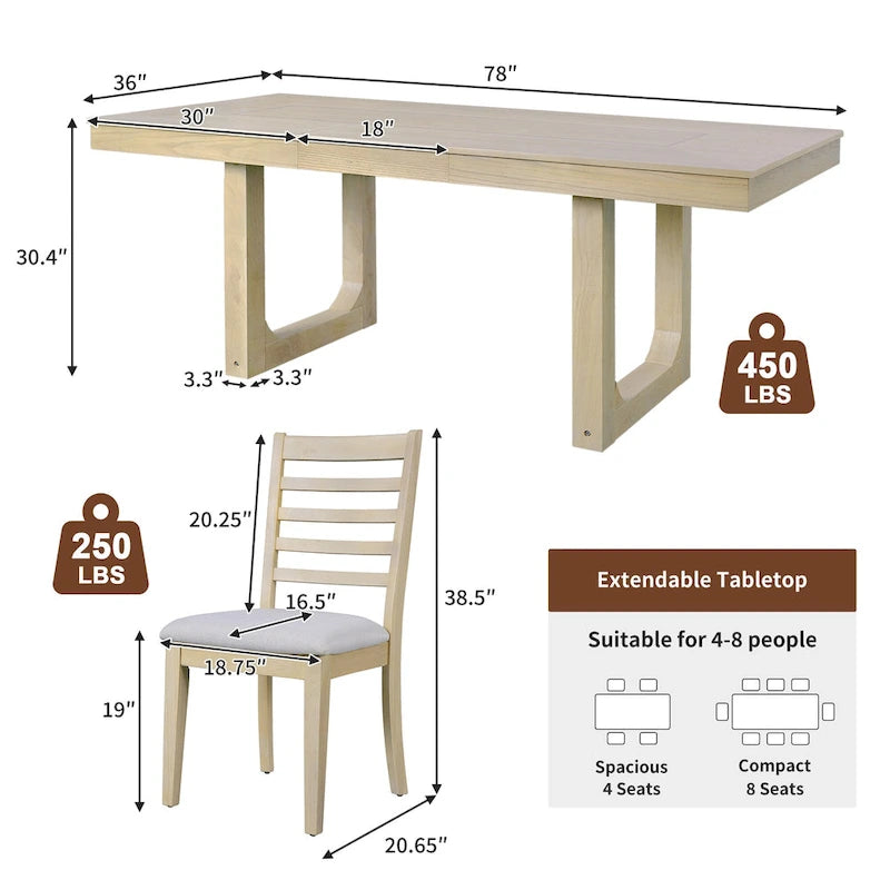 Ensemble de table à manger extensible 5 pièces, table extensible de style campagnard avec rallonge de 45 cm.