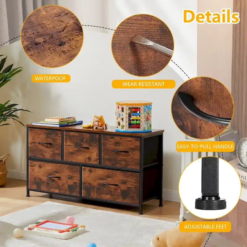 Commode moderne à 5 tiroirs avec bac en tissu, structure en acier, plateau en bois, idéale pour la chambre ou l'entrée.
