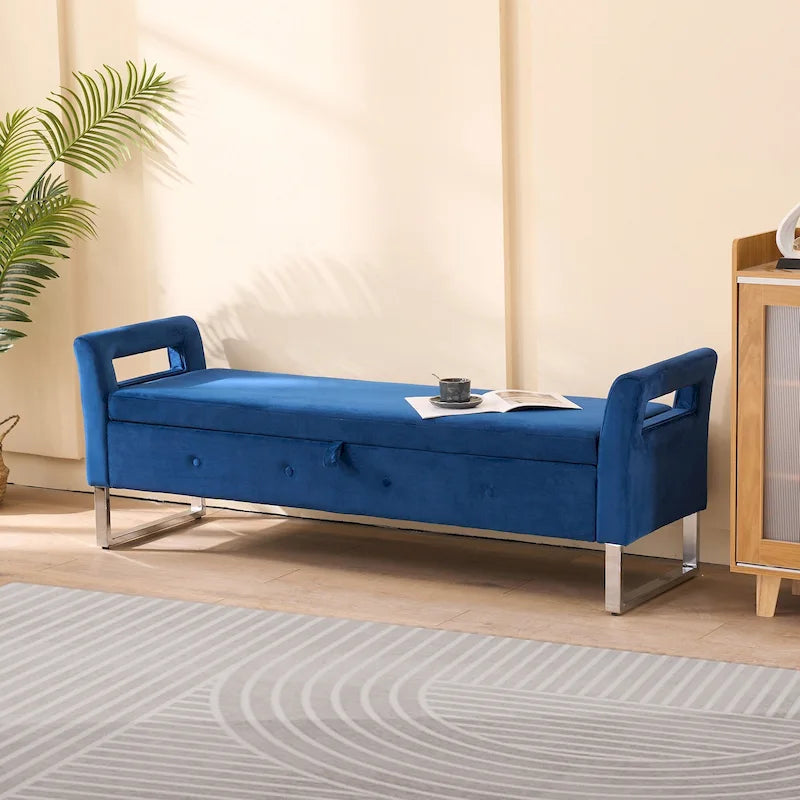 Banc de rangement en velours avec accoudoirs et structure en bois pour chambre à coucher (67,91 €)