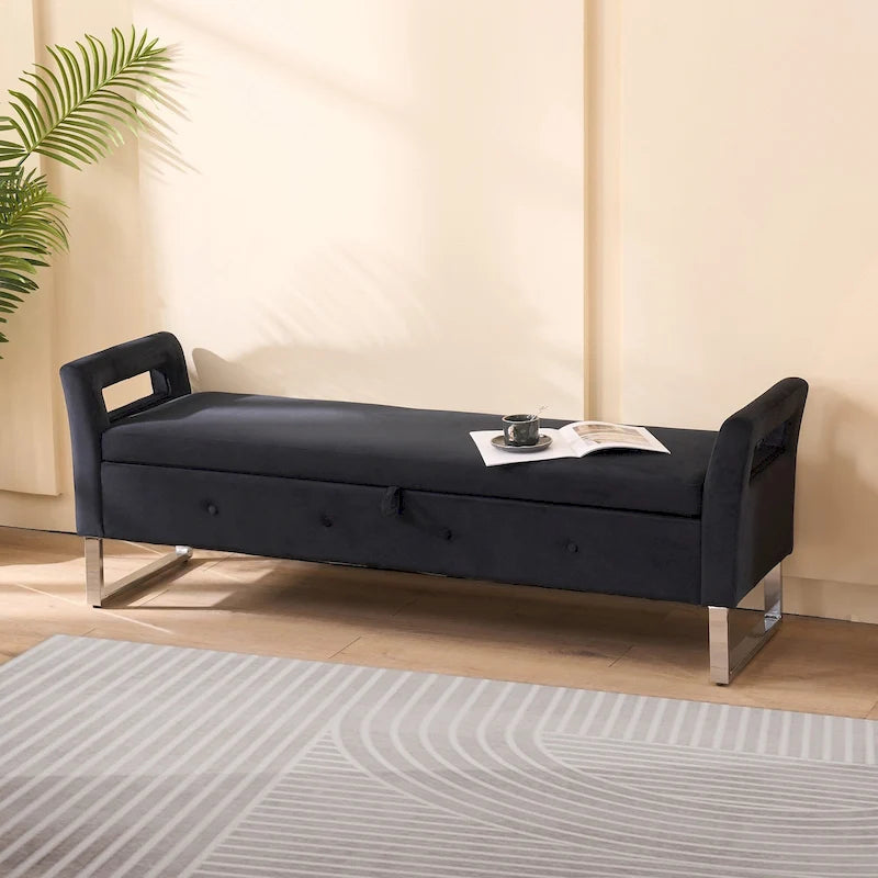 Banc de rangement en velours avec accoudoirs et structure en bois pour chambre à coucher (67,91 €)