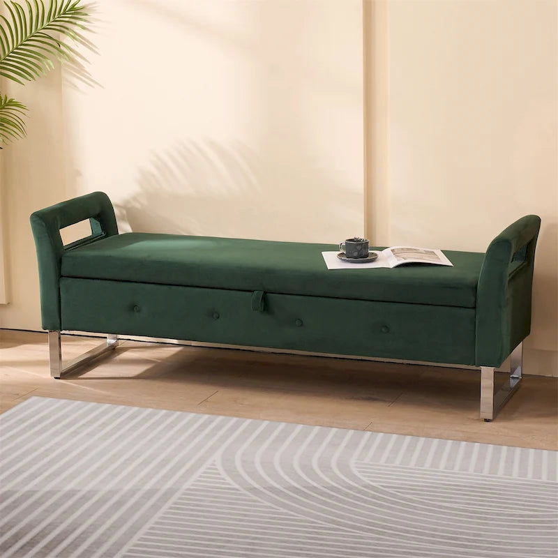 Banc de rangement en velours avec accoudoirs et structure en bois pour chambre à coucher (67,91 €)